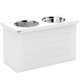 PawHut Elevated Dog Bowls with Slow Feeder Mat, Storage Cabinet, 3 Stainless Steel Bowls for Large & Extra Large Dogs, White